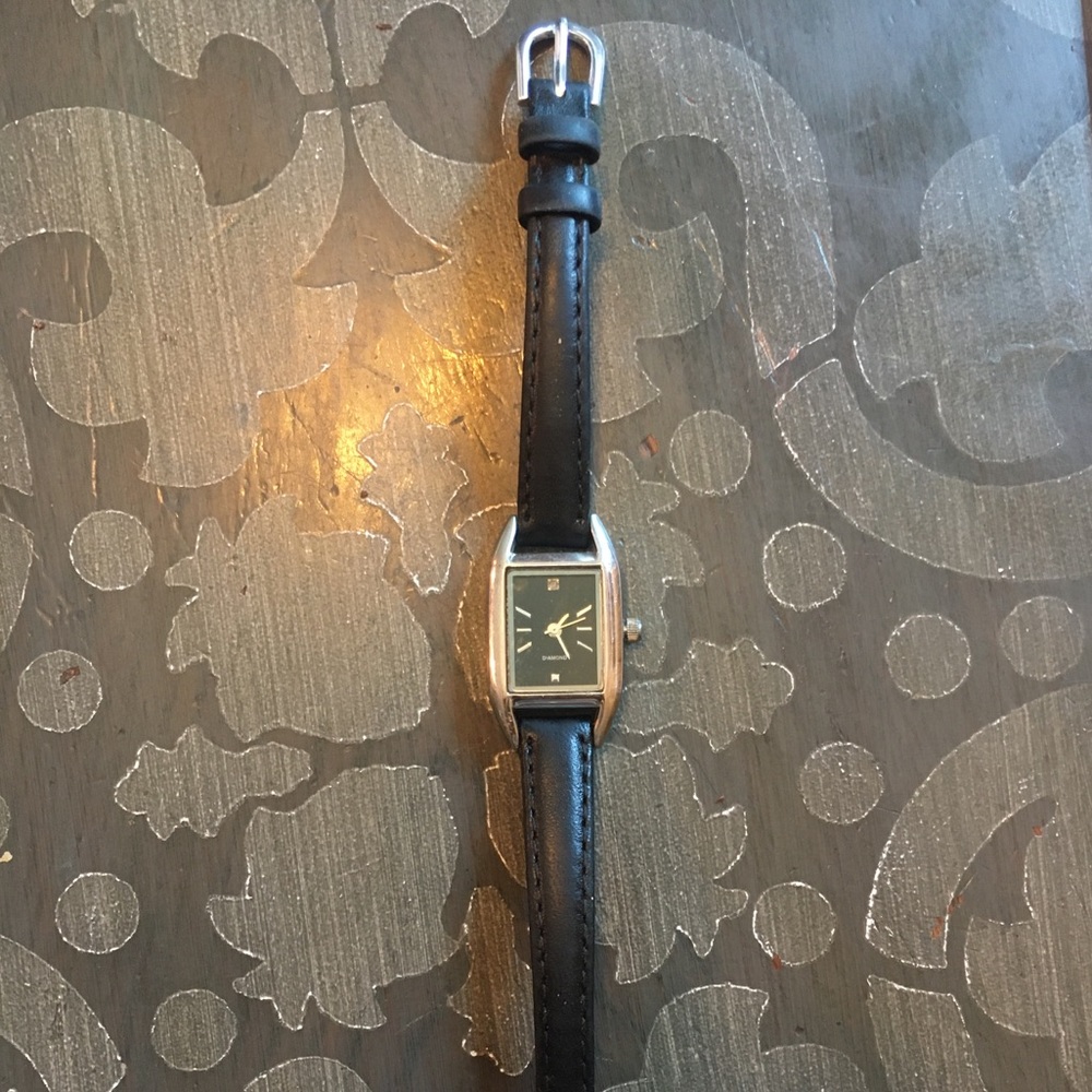 Timex small black leather rectangle face watch